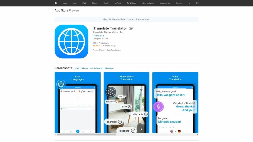 itranslate dictionary and translator app store