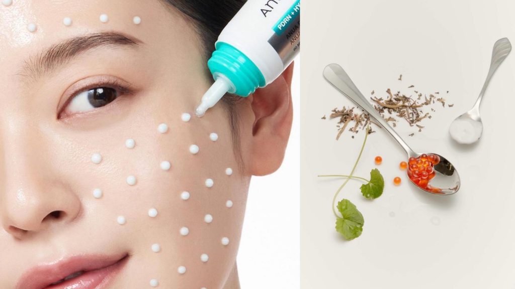 PDRN skincare products including cream, serum, and toner on a vanity