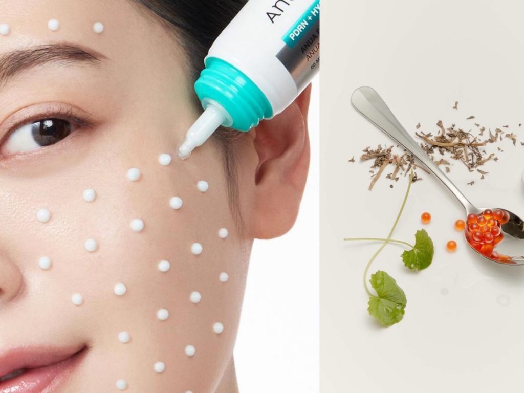 PDRN skincare products including cream, serum, and toner on a vanity