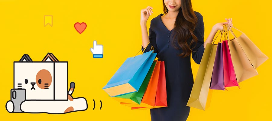 asian woman with shopping bags and delivered korea mascot using a phone