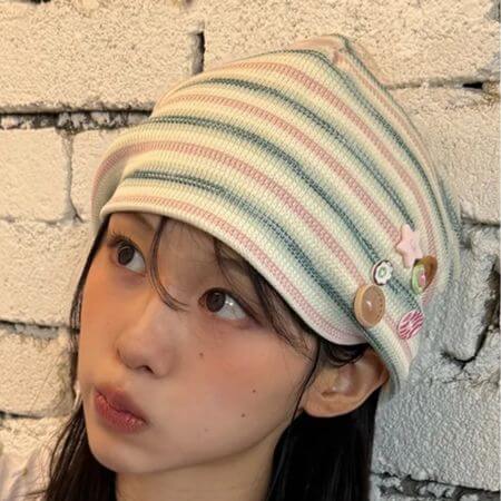 Cavish - Striped Button Beanie (Pink)