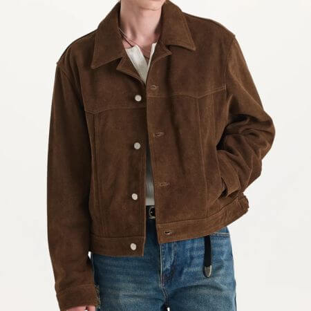 Connect Kinloch - [Real Leather] Cow Suede Trucker Jacket (Brown)