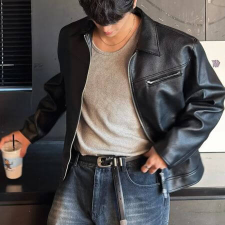 Draw Fit - Russell Textured Single Leather Jacket (Black)