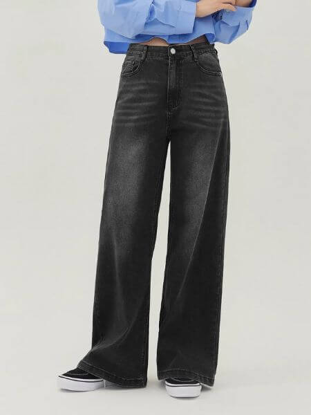Jinmania - Broad Bootcut Fit Long Wide Waist Stretch Denim Pants (Black)