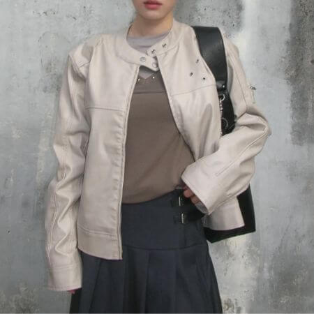 Place Studio - Vintage Washed Track Eyelet Detail Cut Track Biker Leather Jacket (2 Colors)