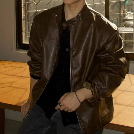 Placestudioman - Oversized Minimal Racing Biker Blouson Leather Jacket (Brown)