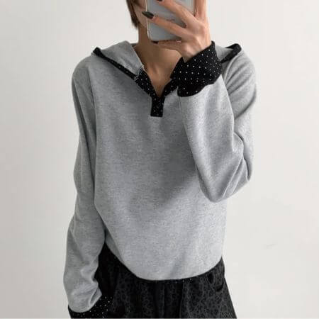 The Green Lab - Dot Henley Neck Hoodie (Melange Gray)