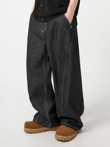 Trillion - Curved Wide Cut Raw Denim Pants (Black)