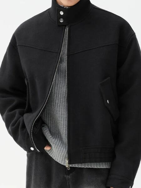 Trillion - Wool Elbow Patch 2-Way Harrington Jacket (Black)